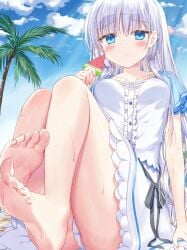 1girl ass bare_legs barefoot blue_eyes blush breasts closed_mouth collarbone commentary_request day dress feet feet_up food foot_focus full_body highres knees_up linnaiaaa long_hair looking_at_viewer naruse_shiroha outdoors palm_tree panties popsicle presenting_own_foot short_sleeves sitting sky small_breasts soles solo summer_pockets sweat toes tree underwear watermelon_bar white_dress white_hair white_panties