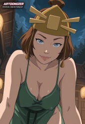 1girls ai_generated artoonizer ass avatar_the_last_airbender belt big_ass big_breasts blue_eyes bob_cut breasts brown_hair dress female green_dress headwear kyoshi_warrior light-skinned_female light_skin looking_at_viewer nickelodeon nipples_visible_through_clothing on_all_fours patreon patreon_username plunging_neckline posing shiny_skin smile solo solo_female solo_focus suki the_legend_of_aang thick_hips thick_thighs tied_hair viewed_from_below wide_hips