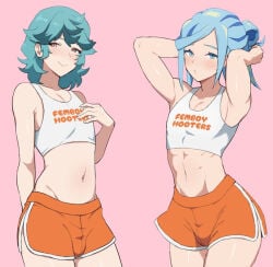 2boys arms_up bare_shoulders blue_eyes blue_hair blush bulge commentary_request dolphin_shorts green_hair grusha_(pokemon) highres hooters inuyama_sumisu looking_at_viewer male_focus meme midriff multiple_boys navel nintendo orange_shorts pink_background pink_eyes pokemon pokemon_(anime) pokemon_horizons pokemon_scarlet_and_violet short_hair shorts simple_background smile spinel_(pokemon) tank_top trap white_tank_top