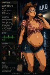 ai_generated anime anime_girl anime_style big_breasts big_tits big_titties boobs cow_girl cowboy_hat cowgirl_outfit female female_only glasses minishorts preggo pregnant pregnant_belly pregnant_female resident_evil rpd sexy sexy_body sexy_female sexy_pose tits