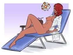 1girls ass bottomless bottomless_female braid braided_hair braided_ponytail breasts casual casual_nudity coconut coconut_drink crossed_legs dark-skinned_female dark_skin devil_may_cry devil_may_cry_(series) devil_may_cry_2 female female_focus female_only happy long_eyelashes lounge_chair lounging lucia_(devil_may_cry) nipples nipples_visible_through_clothing nude nude_female open_clothes open_shirt ponytail red-haired_female red_hair scruffyturtles shirt shirt_only solo solo_female solo_focus thick_thighs thighs