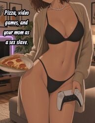 ai_assisted big_breasts black_underwear enfermosic28 milf necklace pizza ps5_controller small_hips small_waist thong your_mom