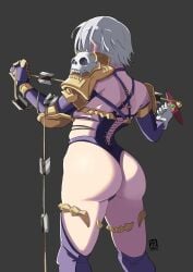 1girl armor artist_logo ass ass_focus automatic_giraffe back bikini_armor boots commentary detached_sleeves elbow_pads english_commentary facing_away fingerless_gloves from_behind gloves grey_background highres holding holding_weapon holding_whip huge_ass isabella_valentine leotard logo open_clothes pauldrons purple_boots revealing_clothes short_hair shoulder_armor skull solo soul_calibur soulcalibur standing thigh_boots thigh_strap thong thong_leotard weapon whip whip_sword white_hair
