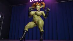 ai ai_art ai_generated goblin goblin_female huge_breasts leather_boots leather_gloves on_stage orange_hair original_character pubic_hair pussy realistic red_hair short_hair shortstack strip_club stripper_pole warcraft world_of_warcraft