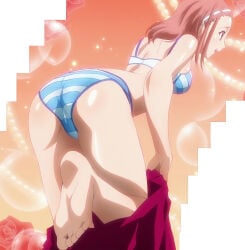 1girl ass barefoot bra breasts clothes_pull female_solo from_side high_school_dxd katase_(high_school_dxd) light-skinned_female light_skin lingerie matching_hair/eyes medium_breasts open-mouth_smile panties pink_eyes pink_hair removing_clothing screencap screenshot shiny_skin skirt skirt_pull smile soles solo solo_focus standing standing_on_one_leg striped_bra striped_clothes striped_panties thick_thighs thighs toes underwear undressing