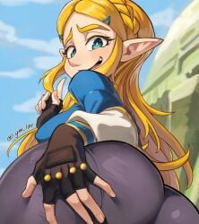1girl artist_name ass black_gloves blonde_hair blue_sky braid breasts bright_pupils commentary crown_braid english_commentary fingerless_gloves from_behind gloves green_eyes hand_on_own_ass highres large_breasts laz_gm long_hair nintendo open_mouth paid_reward_available pointy_ears princess_zelda sky solo the_legend_of_zelda the_legend_of_zelda:_breath_of_the_wild