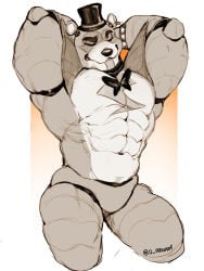 animatronic anthro bara barazoku bear five_nights_at_freddy's five_nights_at_freddy's:_security_breach furry glamrock_freddy_(fnaf) hands_behind_head male male_only monochrome muscles muscular reolixious solo solo_male ursid