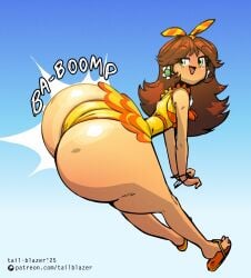 1girls 2d ass bottom_heavy brown_hair female female_only light-skinned_female light_skin mario_(series) nintendo one-piece_swimsuit princess_daisy sandals solo solo_female swimsuit tail-blazer thick_thighs thighs