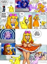 anabel_(pokemon) areolae ash_ketchum ashley_(pokemon) beige_skin blonde_hair blue_eyes bow breast_expansion breasts cleavage clothes clothing color comic dawn_(pokemon) english_text erect_nipples espeon female friends funny fur gender_transformation genderswap human hypnosis interspecies large_breasts male may_(pokemon) mind_control misty_(pokemon) multiple_girls nipples oppai p.chronos panties pokemon pokemon_(anime) pokephilia purple_fur rule_63 skirt_lift tan_skin text torn_clothes transformation voluptuous yellow_fur