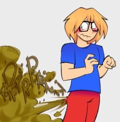 1nonbinary blonde_hair blushing clothed fart farting glasses lordsofgross_(artist) onomatopoeia simple_background simple_clothing surprised surprised_expression white_skin