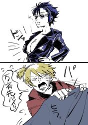 1boy 1girls ? big_breasts black_hair blue_hair cleavage colored_sketch covering_up dark_blue_hair embarrassed flustered full_cleavage genderswap_(ftm) genderswap_(mtf) gintama hand_on_hip headphones japanese_text kawakami_bansai kijima_matako leather_jacket multiple_images no_bra open_jacket rule_63 short_hair sketch speech_bubble sunglasses very_short_hair