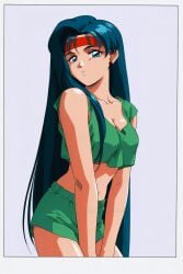 1990s 1990s_(style) 1girl _yumidreams ai_generated aqua_eyes aqua_hair blue_eyes blue_hair border breasts cleavage cowboy_shot crop_top earrings grey_background headband jewelry kiyone_makibi long_hair looking_at_viewer medium_breasts midriff navel parted_lips retro_artstyle shorts simple_background solo tenchi_muyo! v_arms very_long_hair