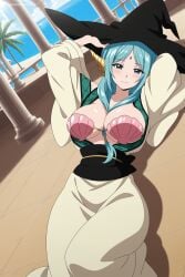 1girl ai_generated aqua_hair blue_eyes blue_hair blush breasts cleavage digitalwaifugallery front_ponytail hair_between_breasts hat hi_res high_quality high_resolution large_breasts long_hair looking_at_viewer lying magi:_the_labyrinth_of_magic on_back patreon sash seductive sexy shell shell_bikini smile solo uncensored watermark witch_hat yamuraiha