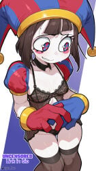 1girl 1girls female female_focus female_only laz_gm pomni pomni_(the_amazing_digital_circus) solo solo_female split-color_clothes striped_clothes striped_headwear the_amazing_digital_circus thigh_gap thighhighs underwear vertical-striped_clothes vertical-striped_headwear white_body white_skin