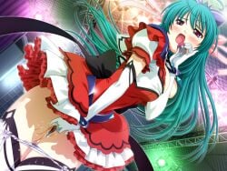 1girl 2000s_(style) aqua_hair ayahime_kurumi blush breasts dutch_angle elbow_gloves female_masturbation game_asset gloves green_hair idol lemmtear_theta long_hair magical_girl mahou_senshi_(series) mahou_senshi_lemmtear_knights masturbation microphone non-web_source official_art open_mouth panties panty_pull purple_eyes pussy_juice red_eyes ribbon saitou_natsuki self-datamine solo stage thighhighs underwear variant_set visual_novel_cg wet wet_clothes wet_panties