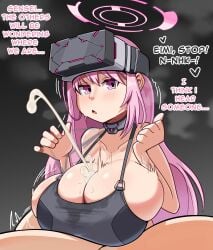 1boy 1girl black_sports_bra blue_archive caught caught_in_the_act cum_between_breasts eimi_(armed)_(blue_archive) eimi_(blue_archive) english_text genericlooner large_breasts looking_at_viewer millennium_science_school_student paizuri pink_hair pov risky_sex sports_bra sweat sweatdrop sweaty_breasts