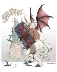 abs animal_ears animal_genitalia atsign34 breeding_mount breeding_mount_use clenched_teeth destroyed_object fangs futanari horsecock monster_girl muscular nails wings