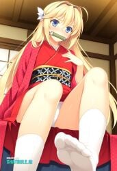 1girl ahoge ai_assisted ai_generated anime_screenshot anime_style bamboo bedroom bit_gag black_hairband blonde_hair blue_eyes blushing butterfly_hair_ornament checkered_sash flat_chest foot_fetish gag gagged hair_between_eyes hand_on_breast haori highres japanese_clothes jewelry kimono low_angle mouth_hold obi parody perfect_anatomy sash shiny_skin sitting_on_bed style_parody upper_body upskirt very_long_hair viewer_pov white_panties