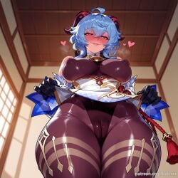 1girl ahoge ai_generated balecxi bare_shoulders bell black_gloves blue_hair blush bodystocking brown_pantyhose cameltoe clothes_lift covered_nipples cowbell detached_sleeves from_below ganyu_(genshin_impact) genshin_impact goat_horns heart indoors large_breasts leotard leotard_under_clothes lifted_by_self long_hair looking_at_viewer pelvic_curtain purple_eyes smile solo thick_thighs