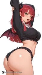 1girl ai_generated arms_up artist_name ass bangs black_nails black_panties blunt_bangs breasts cosplay crop_top demon_girl demon_horns demon_wings fangs frilled_panties frills green_eyes horns kitagawa_marin large_breasts long_hair long_sleeves looking_at_viewer marin_kitagawa my_dress_up_darling nail_polish one_eye_closed open_mouth panties patreon pointy_ears red_hair senpai_pixels sensitive simple_background solo sono_bisque_doll_wa_koi_wo_suru stretching thighs underwear white_background wings