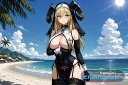1girl ai_assisted ai_generated anime_screencap bare_shoulders bashful beach bikini black_horns blonde_hair blue_sky blush blushing brown_eyes collarbone colorful contrast curled_horns curvaceous curvy daytime detailed_face dramatic_lighting eyelashes full_breasts highly_detailed horns hourglass_figure large_breasts long_hair looking_at_viewer loose_bikini motion_lines naked narrow_waist nipples oversized_breasts parted_lips round_breasts sand sea short_girl shortstack shy soft_breasts soft_thighs spherical_breasts sun thick_thighs