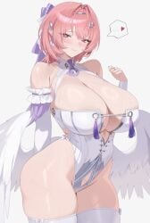 1girl absurdres adapted_costume alternate_breast_size_(larger) breasts cleavage ddog detached_sleeves feathered_wings heart highres huge_breasts leotard looking_at_viewer pink_hair pointy_ears purple_eyes remielle_dan simple_background smile solo spoken_heart thighhighs thighs white_background white_leotard white_thighhighs white_wings wings zenless_zone_zero