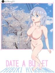 big_breasts blue_eyes breasts bunny_ears bunnysuit date_a_live date_a_live:_date_a_bullet higoromo_hibiki long_hair naked naked_female nipples nsfw sheong_wong smile white_hair