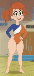 1girls accurate_art_style aged_up ai_generated big_breasts cartoon_network curvy dc_comics dc_super_hero_girls freckles leotard looking_at_viewer older pigtails prudence red_eyes smile solo thick_thighs warner_bros warner_brothers wide_hips yellow_eyes