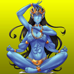 6_arms barefoot big_breasts big_butt big_ears blue_eyes blue_nipples blue_pussy blue_skin covering_breasts feet goddess hindu_mythology kali long_hair long_legs long_tongue meditating meditation om