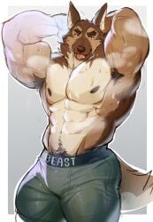 anthro armpit_hair armpits bara barazoku bulge canine dog domestic_dog flaccid furry german_shepherd hands_behind_head male male_only milo_(o_reowoof) muscles muscular musk reolixious solo solo_male sweat sweating underwear underwear_only