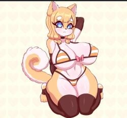 animal_ears blonde_hair blue_eyes dog_girl furry large_breasts on_knees short_hair simple_background slim_waist stockings tail thick_thighs
