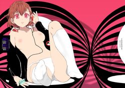 atlus breasts feet female female_protagonist_(persona_3) footwear foreshortening headphones kneehighs kotone_shiomi kusaka_souji nipples no_shoes panties persona persona_3 persona_3_portable pov_feet socks solo topless underwear