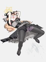 1girl animal_ears arms_up aroused black_headband black_overskirt black_pantyhose blindfold blue_archive breasts cat_ears cat_girl clothes_lift crotch_seam disembodied_hand distorted_halo dress dress_lift female_ejaculation female_ejaculation_through_clothes female_orgasm fingering fingering_through_clothes fingering_through_panties front-seamed_legwear grey_dress hair_spread_out halo headband heart highres idol_clothes long_hair lying mari_(blue_archive) mari_(idol)_(blue_archive) official_alternate_costume on_back open_mouth orange_hair orgasm panties panties_under_pantyhose pantyhose pussy_juice saliva seamed_legwear small_breasts solo spread_legs thighband_pantyhose through_clothes underwear wnbnryfol