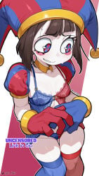 1girl 1girls laz_gm o pomni pomni_(the_amazing_digital_circus) split-color_clothes striped_clothes striped_headwear the_amazing_digital_circus thigh_gap thighhighs underwear vertical-striped_clothes vertical-striped_headwear white_body white_skin