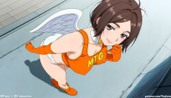 1girl 1girls absurd_res ai_assisted ai_generated angel_wings anime ass bob_cut boobs breasts brown_eyes brown_hair bubble_butt butt choker cleavage crouching curvaceous curvy curvy_figure elbow_gloves fake_wings from_above heart_choker high_resolution highres hourglass_figure huge_ass huge_butt large_breasts light-skinned_female looking_at_viewer looking_up medium_breasts mf_ghost navel orange_boots orange_gloves outdoors patreon patreon_logo patreon_username race_queen saionji_ren short_hair smile squatting thick_thighs thighs veyluna voluptuous white_panties white_wings wide_hips