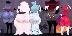 1girls 2026 4boys andrealphus_(helluva_boss) ass ass_chart blue_hair breasts clothing crown feathers gloves grey_background grey_hair helluva_boss huge_ass leponsart long_hair multiple_boys paimon_(helluva_boss) red_hair short_hair size_difference stella_(helluva_boss) stolas_(helluva_boss) sunglasses tail vassago_(helluva_boss) vivienne_medrano white_hair