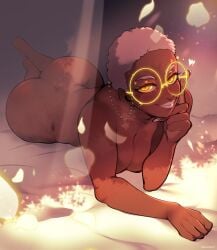 1girl ass bed_sheet big_ass breasts chikkibug cleavage completely_nude dark-skinned_female dark_skin falling_petals fingernails gachiakuta glasses glowing glowing_eyes grey_hair heart long_fingernails looking_at_viewer lying medium_breasts nude on_stomach petals semiu_grier short_hair smile solo sunlight thick_thighs white_lips yellow-framed_eyewear yellow_eyes