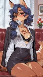 1girl ai_generated animal_ears black_bra black_jacket black_skirt blinds blue_hair blush bra braid breasts brown_eyes carmelita_fox cleavage collared_shirt couch decurse flower fox_ears fox_tail furry furry_female id_card indoors jacket jacket_on_shoulders long_hair long_sleeves looking_at_viewer medium_breasts mole mole_under_eye office_lady open_clothes pencil_skirt plant see-through shirt shirt_tucked_in sitting skirt solo sweat tail tattoo underwear wet white_shirt window