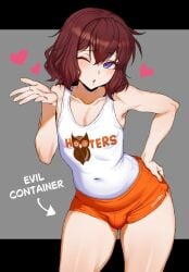 1boy 1femboy bare_shoulders blowing_kiss bulge clothing commentary covered_navel femboy grey_background hair_between_eyes hand_on_own_hip heart highres hooters human letterboxed looking_at_viewer male male_focus medium_hair meme nonsexual one_eye_closed open_mouth orange_shorts original outside_border pale_skin purple_eyes shirt_tucked_in short_shorts shorts simple_background solo tank_top thick_thighs thighs trap white_tank_top zanegoodell