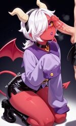 1girl ai_generated brawl_stars colette_(brawl_stars) heterochromia horns kneeling large_breasts looking_at_viewer oral penis red_skin saliva sex solo wet white_hair