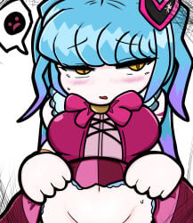 abnormality_(project_moon) artist_request blushing clothed displeased large_breasts library_of_ruina lifting_own_clothes lifting_skirt limbus_company lobotomy_corporation looking_away magical_girl magical_girl_outfit open_mouth presenting presenting_pussy project_moon queen_of_hatred round_breasts sole_female unhappy_female