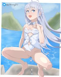 blue_eyes date_a_live date_a_live:_date_a_bullet fox_sign higoromo_hibiki nipples nsfw sheong_wong sit sitting_on_floor small_breasts throne white_hair