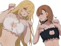 2girls asymmetrical_bangs black_choker blonde_hair bra breasts brown_eyes brown_hair cat_cutout choker cleavage cleavage_cutout clothing_cutout commentary frilled_bra frills hair_between_eyes highres large_breasts long_hair looking_at_viewer medium_hair misaka_mikoto multiple_girls one_eye_closed open_mouth paw_pose shokuhou_misaki small_breasts smile star-shaped_pupils star_(symbol) symbol-shaped_pupils ten_8810 toaru_kagaku_no_railgun toaru_majutsu_no_index underwear white_background white_choker