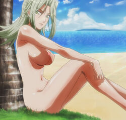 beach breasts casual_nudity day female female_only green_eyes green_hair human lamia_loveless looking_aside looking_at_viewer nude outdoors pale_skin photoshop side_view sitting sky solo super_robot_wars tagme tree