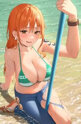 1girls arm_support arms_up asymmetrical_clothes big_breasts bikini bikini_top breasts brown_eyes curvy cuts denim female female_focus female_only jeans large_breasts long_hair nami navel one_piece open_mouth orange_hair pants post-timeskip reiji-rj sandals shoulder_tattoo tattoo thick thick_thighs torn_legwear water