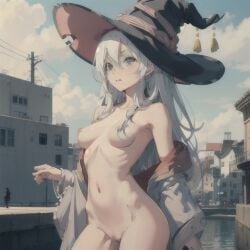 1girls ai_generated city_background elaina_(majo_no_tabitabi) majo_no_tabitabi medium_breasts nude petite public_nudity pussy white_hair wizard_hat