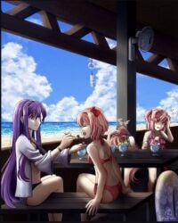 4girls beach beach_background bikini bikini_bottom bikini_top black_bikini black_bikini_bottom black_bikini_top brain_freeze brown_hair doki_doki_literature_club female female_only hair_ornament hair_ribbon ice_cream innertube jacket long_hair monika_(doki_doki_literature_club) multiple_girls natsuki_(doki_doki_literature_club) pink_bikini pink_bikini_top pink_eyes pink_hair ponytail purple_eyes purple_hair red_bikini red_bikini_bottom red_bikini_top red_ribbon ribbon ring_floatie sayori_(doki_doki_literature_club) short_hair side_ponytail tagme_(artist) white_jacket yuri_(doki_doki_literature_club)