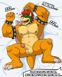 2023 abs absurd_res anthro armband balls bedding bedding_background biceps big_muscles bowser bracelet claws collar dialogue english_text erection eyebrows genitals hair hi_res horn humanoid_genitalia humanoid_penis jewelry koopa lying male male_only mario_(series) mezzmar muscular muscular_anthro muscular_male narrowed_eyes navel nintendo nipples non-mammal_balls non-mammal_nipples nude obliques offscreen_character on_back open_mouth open_smile pecs penis scalie serratus shell sleeping smile solo sound_effects spiked_armband spiked_bracelet spiked_collar spiked_shell spikes spikes_(anatomy) teeth text tongue vowelless vowelless_sound_effect zzz