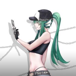 bare_shoulders baseball_cap crop_top desert_eagle female female_only finana_ryugu green_hair gun hat midriff navel nijisanji nijisanji_en ponytail streetwear thong virtual_youtuber