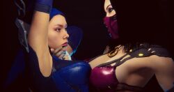 2girls 3d armor black_hair chin_grab clone edenian female female_only fully_clothed kitana kiteena magichat mileena mortal_kombat mortal_kombat_11 mortal_kombat_x restrained selfcest short_hair sisters suggestive suggestive_look tarkatan